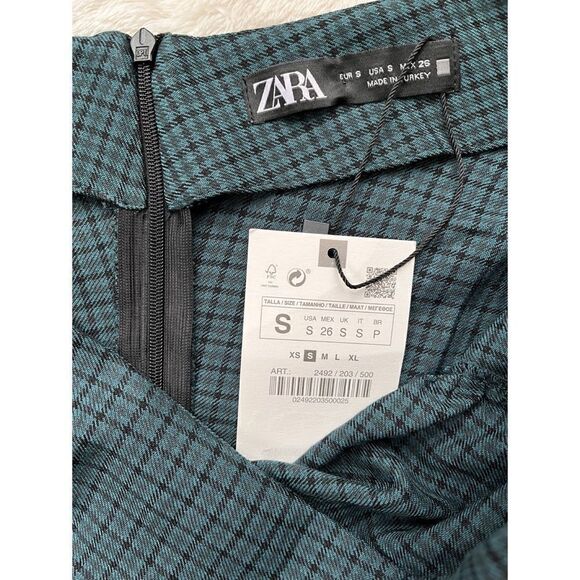 NWT Zara Green & Black Plaid Printed Draped Ruched Mini Skirt, Size Small - Picture 8 of 11